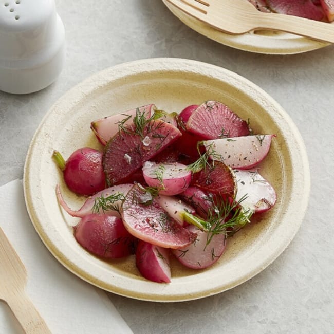 Bagasse disposable plates on table full of roasted potatoes