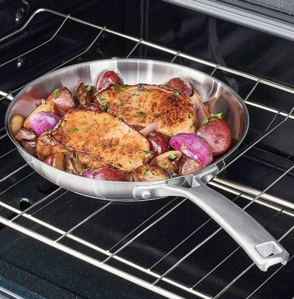 Calphalon Classic Stainless Steel frying pan sitting on oven rack