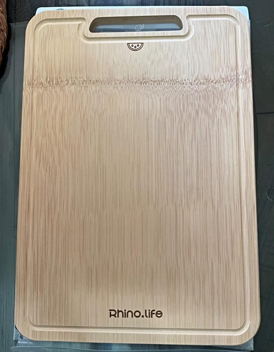 Image of an empty RhinoLife Formaldehyde-free bamboo cutting board sitting on table