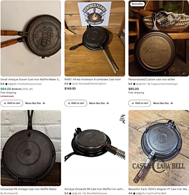 A screenshot of a search results page on Etsy after searching for cast iron waffle makers that shows six waffle irons with price and label