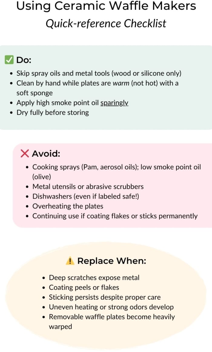 Pro Tips Ceramic Waffle Makers Quick-Reference infographic with bulleted list in green cell of usage tips, then a red cell listing habits to avoid, and a yellow cell near the bottom with tips on when to replace