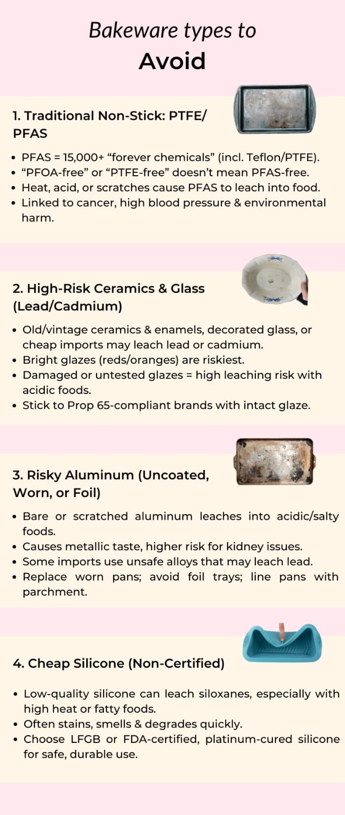 Bakeware-to-Avoid-Infographic showing Teflon bare aluminum lead-leaching enameled bakeware and low quality silicone