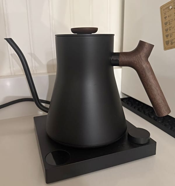 Fellow-Stagg-Non-toxic-electric-tea-kettle-without-plastic sitting on white countertop