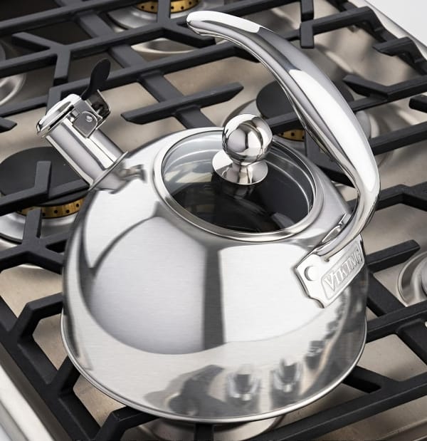 Viking stainless steel stovetop non toxic kettle sitting on gas stove