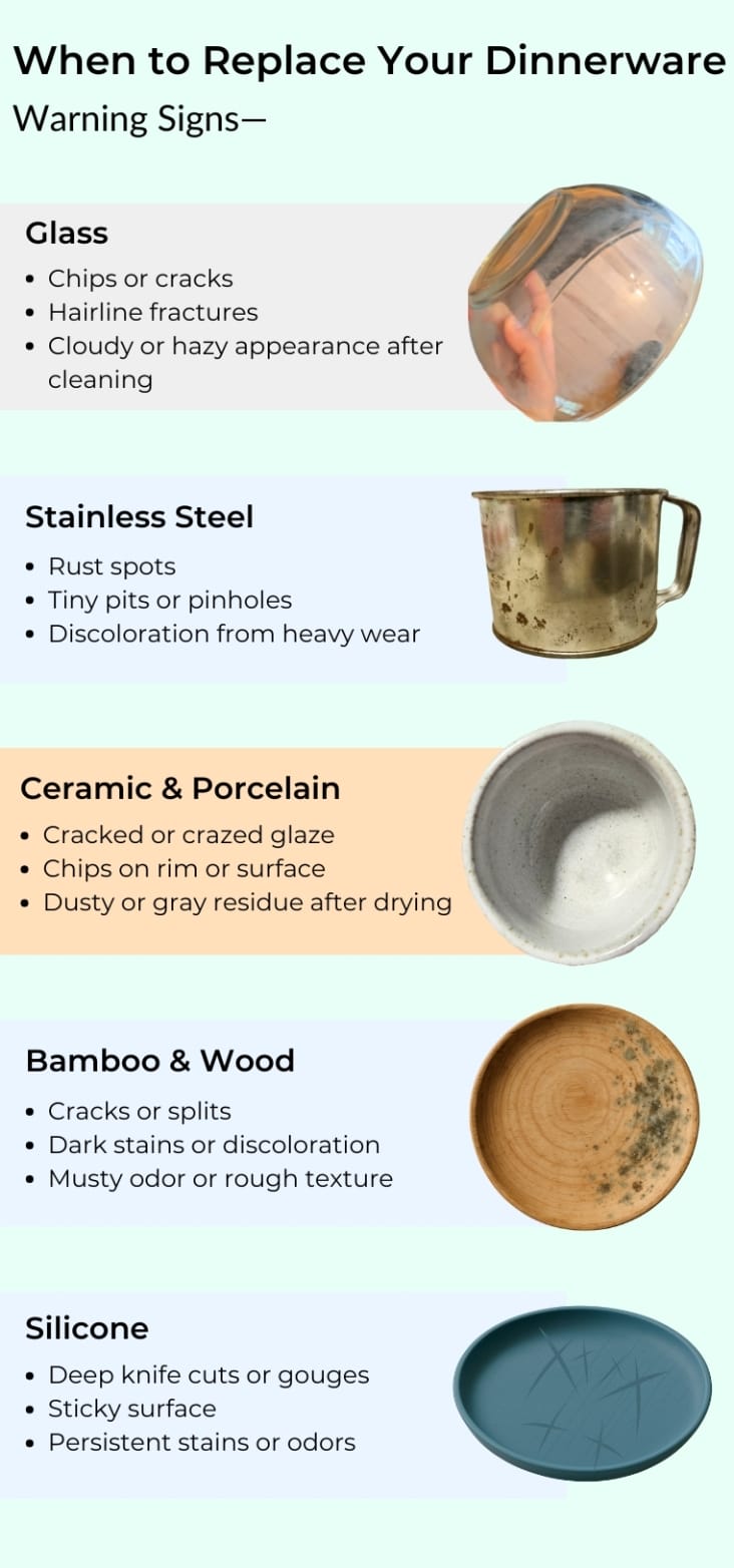 When to Replace Your Dinnerware Infographic showing damaged dinnerware examples of all materials in descending order